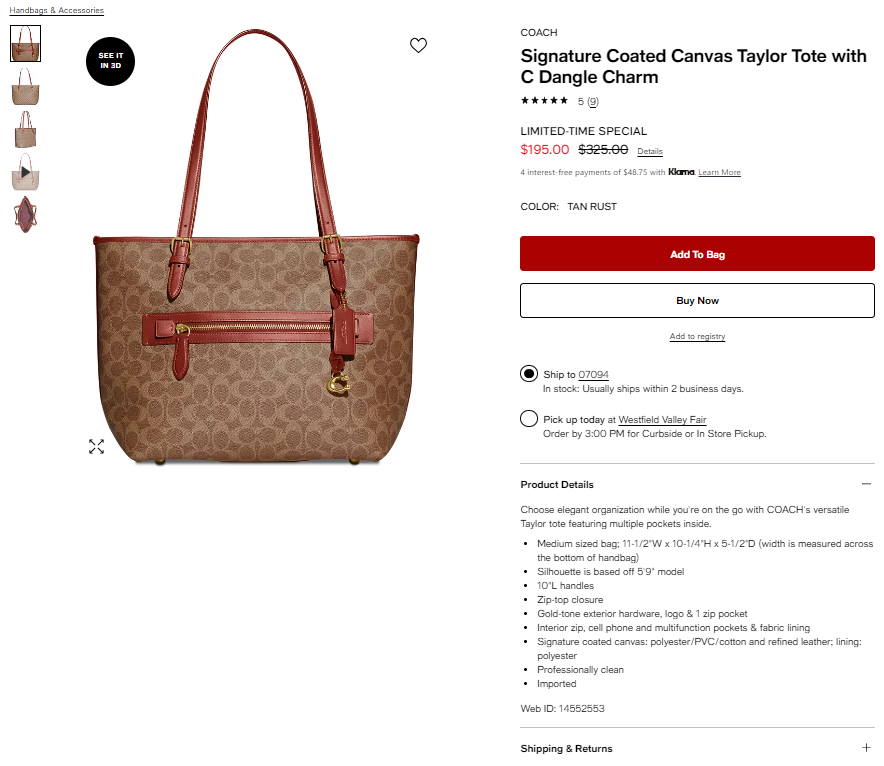 降价！COACH 蔻驰 Coated Taylor C标老花款托特包 6折 $195（约1396元）