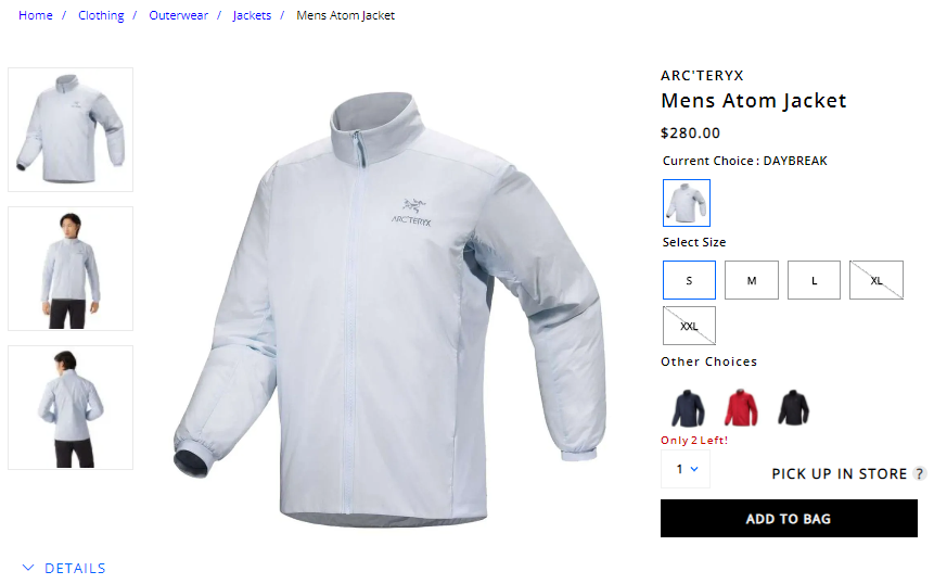 S-L码还有！ARC'TERYX 男士 Atom 夹克 $280（约2009元）